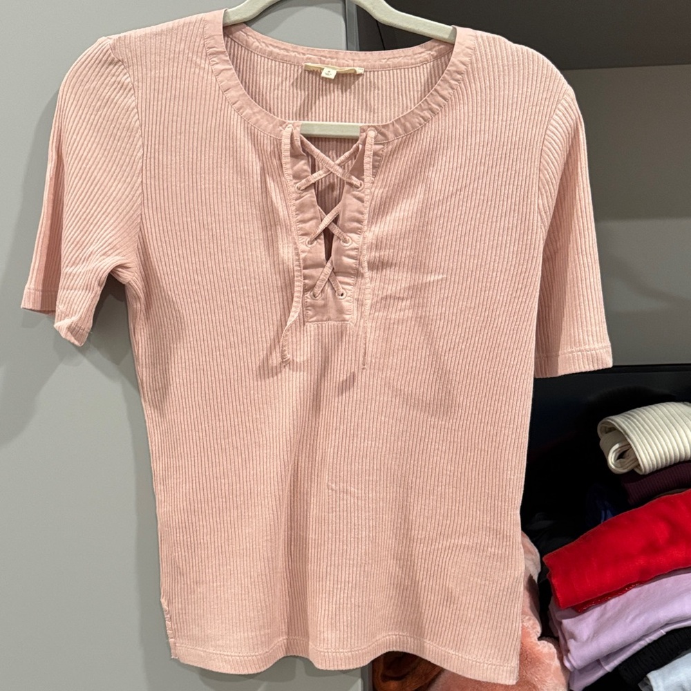 Madewell Pink Lace-Up Ribbed Tee